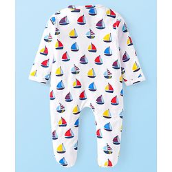 Babyhug Cotton Knit Full Sleeves Footed Sleepsuit with Sailboat Print - White