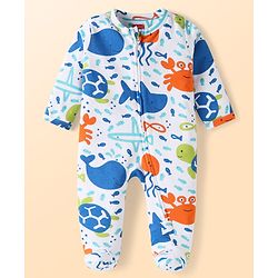 Babyhug Cotton Knit Full Sleeves Footed Sleep Suit With Fish Print - White & Blue