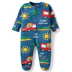 Babyhug Cotton Knit Full Sleeves Sleepsuit with Lion & Car Print - Blue