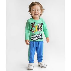 Babyhug Disney Single Jersey Knit Full Sleeves T-Shirt & Lounge Pant With Mickey Mouse Graphics - Light Green & Blue