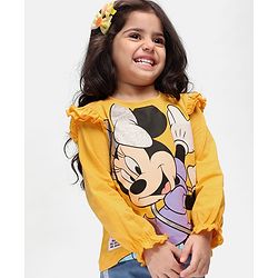 Babyhug Disney Single Jersey Knit Full Sleeves Top With Minnie Mouse Graphics Badge & Frills Detailing - Yellow