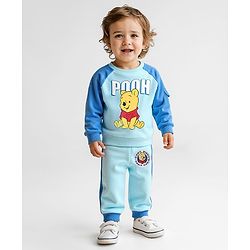 Babyhug Disney Terry Knit Full Raglan Sleeves T-Shirt & Cut & Sew Lounge Pant with Winnie the Pooh Graphics - Light Blue