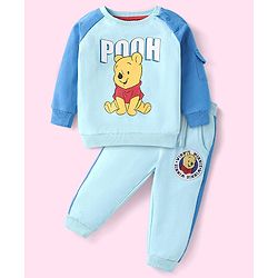 Babyhug Disney Terry Knit Full Raglan Sleeves T-Shirt & Cut & Sew Lounge Pant with Winnie the Pooh Graphics - Light Blue