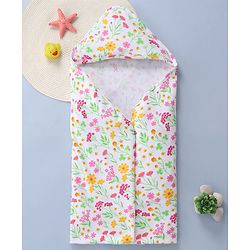 Babyhug Interlock Knit Hooded Towel With Floral Print L 30 x B 30 cm - White