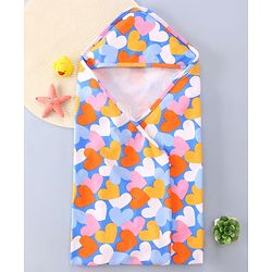 Babyhug Terry Knit Hooded Wrapper with Hearts Print L 76 x B 76 cm - Blue