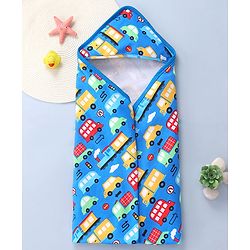 Babyhug Interlock Knit Hooded Towel With Vehicle Print L 30 x B 30 cm - Blue