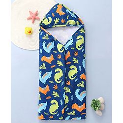Babyhug Interlock Knit Hooded Towel With Dino Print L 30 x B 30 cm - Navy Blue