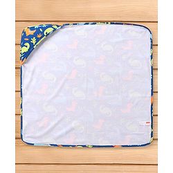 Babyhug Interlock Knit Hooded Towel With Dino Print L 30 x B 30 cm - Navy Blue