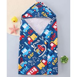 Babyhug Cotton Knit Hooded Wrapper with Vehicle Print L 76 x B 76 cm - Navy Blue