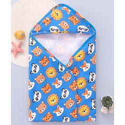 Babyhug Cotton Knit Hooded Wrapper with Animal Print L 76.2 x B 76.2 cm - Navy Blue