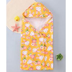 Babyhug Cotton Knit Hooded Wrapper with Bunny Print L 76 x B 76 cm - Yellow