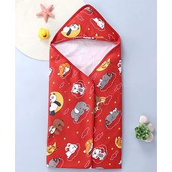Babyhug Interlock Knit Hooded Towel With Animal Print L 30 x B 30 cm - Dark Red