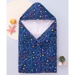 Babyhug Cotton Knit Hooded Wrapper with Dino Print L 76.2 x B 76.2 cm - Navy Blue