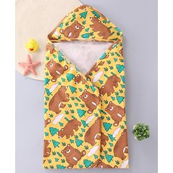Babyhug Interlock Knit Bear Printed Hooded Wrapper - Yellow