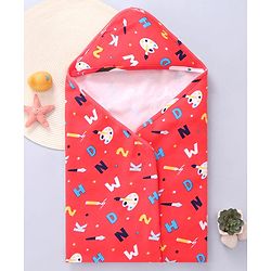 Babyhug Cotton Knit Hooded Wrapper with Alphabet Print L 76.2 x B 76.2 cm - Red