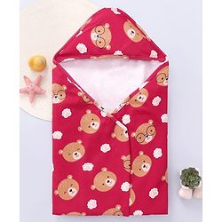 Babyhug Cotton Knit Hooded Wrapper with Bear Print L 76 x B 78 cm - Red