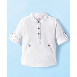 Babyhug Cotton Woven Full Sleeves Mandarin Collar Solid Shirt with Kangaroo Pocket - White