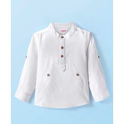 Babyhug Cotton Woven Full Sleeves Mandarin Collar Solid Shirt with Kangaroo Pocket - White