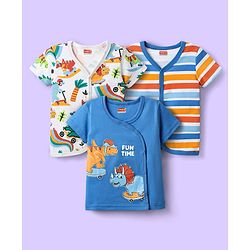 Babyhug Interlock Knit Front Open Half Sleeves Vests With Dino Print Pack Of 3 - Blue & White