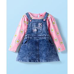 Babyhug Woven Denim Frock & Full Sleeves Inner Tee With Floral Print - Navy Blue & Pink