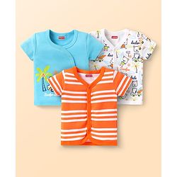 Babyhug Interlock Knit Front Open Half Sleeves Vests With Striped & Beach Theme Print Pack Of 3 - Orange White & Light Blue