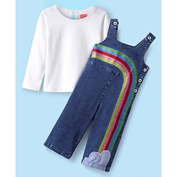 Babyhug Cotton Knit Jumpsuit With Rainbow Embroidery & Full Sleeves T-Shirt - Navy Blue & White