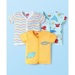 Babyhug Interlock Knit Half Sleeves Front Open Vests With Striped & Fish Print Pack Of 3 - Yellow White & Light Blue