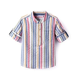 Babyhug Cotton Woven Full Sleeves  Mandarin Collar Shirt with Stripes - White & Pink