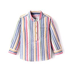 Babyhug Cotton Woven Full Sleeves  Mandarin Collar Shirt with Stripes - White & Pink