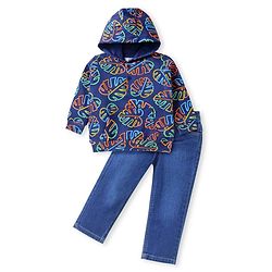 Babyhug Terry Knit Full Sleeves Hooded T-Shirt & Jeans Set with Leaves Print - Blue