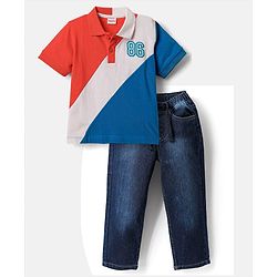 Babyhug Single Jersey Knit Half Sleeves Cut & Sew Polo T-Shirt & Jeans Set with Number Embroidery - Blue