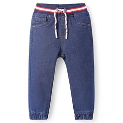 Babyhug Denim Knit & Ribbed at Waist Full Length Washed Joggers-  Navy Blue