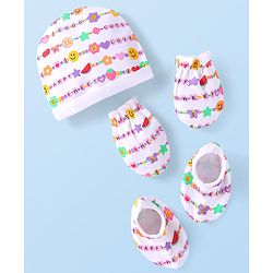 Babyhug Interlock Knit Cap Mittens & Booties Set with Text Print White - Diameter 10 cm