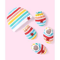 Babyhug 100% Interlock Knit Cap Mittens & Booties With Stripes & Star Design Multicolor - Diameter 10 cm