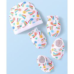 Babyhug Interlock Knit Cap Mittens & Booties Set with Stars Print White - Diameter 12 cm