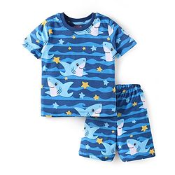 Babyhug Cotton Knit Half Sleeves Shorts Night Suit with Shark Print - Blue