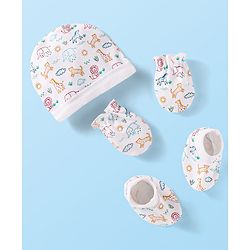 Babyhug Interlock Knit Cap Mittens And Booties Set with Jungle Theme Print - White
