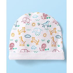 Babyhug Interlock Knit Cap Mittens And Booties Set with Jungle Theme Print - White