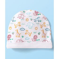 Babyhug Interlock Knit Cap Mittens And Booties Set with Jungle Theme Print - White