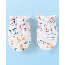 Babyhug Interlock Knit Cap Mittens And Booties Set with Jungle Theme Print - White