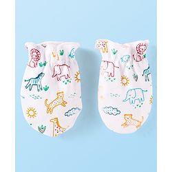 Babyhug Interlock Knit Cap Mittens And Booties Set with Jungle Theme Print - White