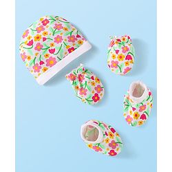 Babyhug Interlock Knit Cap Mittens And Booties Set with Floral Print - White