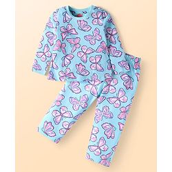 Babyhug Cotton Knit Full Sleeves Butterfly Printed Night Suit - Light Blue