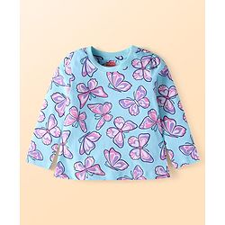 Babyhug Cotton Knit Full Sleeves Butterfly Printed Night Suit - Light Blue