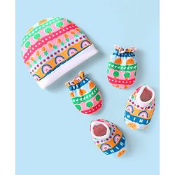 Babyhug Interlock Knit Printed Cap Mittens & Booties - Multicolor