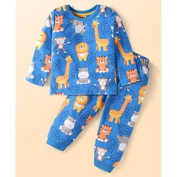 Babyhug Cotton Knit Full Sleeves Night Suit Set with Animal Print - Blue