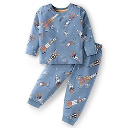 Babyhug Cotton Knit  Full Sleeves Rocket Printed Night Suit -  Blue