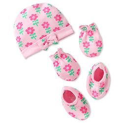 Babyhug 100% Cotton Knit Cap Mittens & Booties Set with Bow Applique & Floral Print Pink - Diameter 10 cm