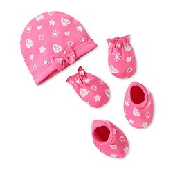 Babyhug 100% Cotton Knit Cap Mittens & Booties Set with Bow Applique & Nautical Theme Print Pink - Diameter 10 cm