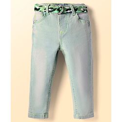 Babyhug Denim Full Length Washed Jeans With Stretch & Belt - Light Blue